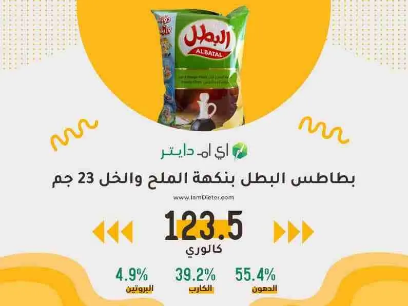 كم سعره حرارية في بطاطس البطل بنكهة الملح والخل 23 جم